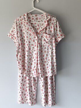 Kate Spade Pajama Pants Set Short-Sleeve Floral Tulip Pink Green White Large